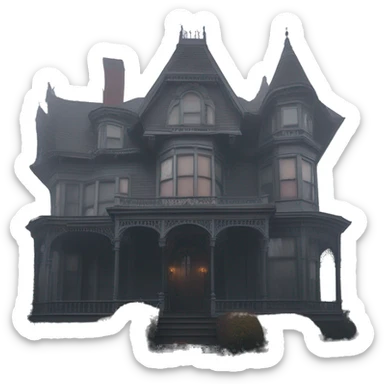 Fantastic Wide full view, A very roomy ramshackle Victorian Addams’s mansion looms through light fog at noon  sticker