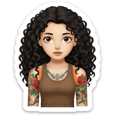 a pretty bratz fair girl with black long curly hair in a brown tank top with tattoos sticker