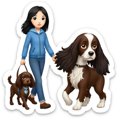 A girl with long black hair walks a brown springer spaniel sticker