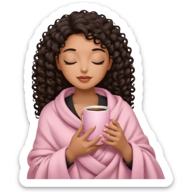 hispanic woman, brown skin, black long 3b curls, closed eyes, feminine face, holding soft pink coffee cup with beige blanket over shoulders, correct fingers, no eyeshadow sticker