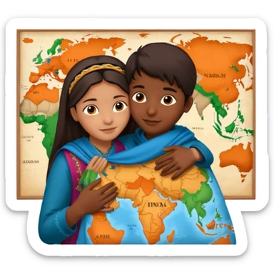 An Afghan girl and Indian boy who are in long distance relationship hug each other from distance.  Afghan girl from on Afghanistan map and boy on India map, they hug each other from this distance. sticker