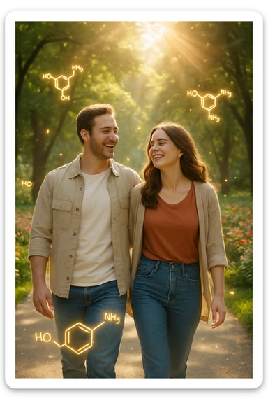 a smiling man and woman walk together along a sunlit park path, surrounded by green trees and blooming flowers. Sunbeams gently illuminate their faces, and subtle, glowing dopamine symbols float around them, symbolizing natural, healthy pleasure. The mood is uplifting and serene. sticker