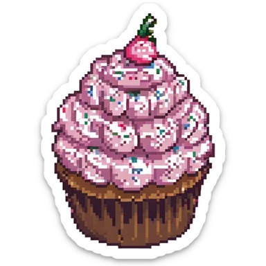 pixel art cupcake with pink frosting and sprinkles sticker