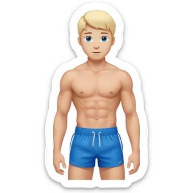a 20 year old blond man with blue eyes, very muscular with abs, shirtless with sports shorts sticker