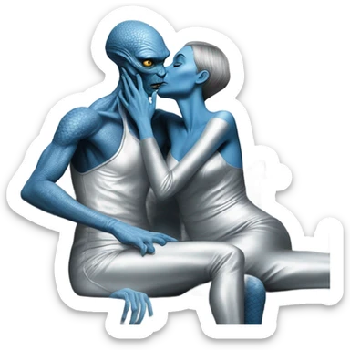 A reptilian alien woman in silver dress kissing human man in blue dress, on sofa sticker