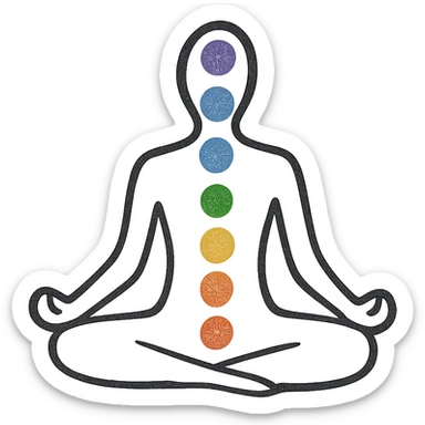 black silhouette meditating in lotus, chakras marked with intense colored dots, simple and elegant graphic style, transparent background sticker