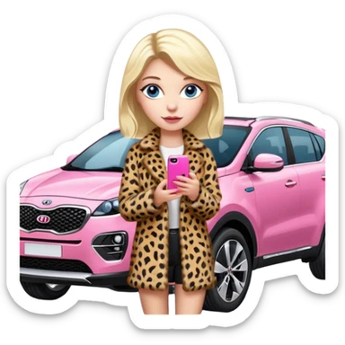 a blondie queen Arina in a leopard fur and pink iPhone 16 on her kia Sportage white car. blue eyes sticker