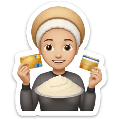 happy emoji with credit card in hand and a pile of flour sticker