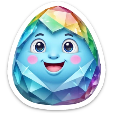 A single pastel rainbow crystal rock character, chubby and heavy with a chunky, irregular polygon shape, not egg-shaped, covered in faceted crystal planes and small chips, soft blue face carved into the rock, big glossy rainbow eyes and a small smiling mout sticker