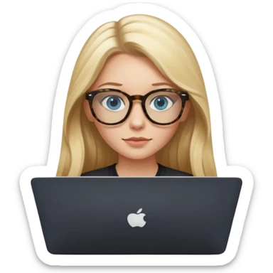 long blonde hair woman blue eyes on mac lap top with tortoise shell print glasses with black shirt sticker