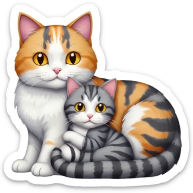 full body colourful light patched calico + white tabby cat cuddling a bigger cat that is dark grey and white tabby cat  and they are in love sticker