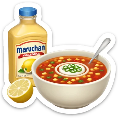 Vasos de sopa maruchan con un limón y una botella de salsa valentina sticker