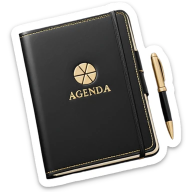 A closed black Moleskine notebook with 'AGENDA' embossed on the cover, professional meeting planner sticker