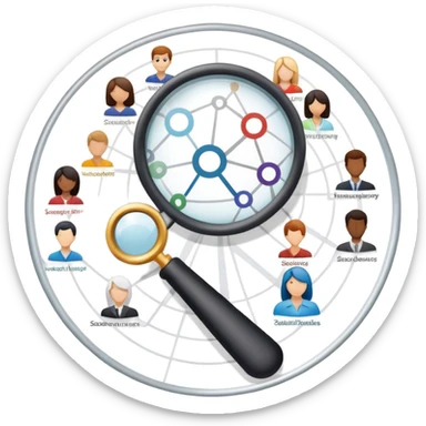 An icon featuring a group of diverse people, a social network diagram, and a magnifying glass, symbolizing sociology. The design includes charts and interconnected lines, representing the study of societies, relationships, and social behavior. Transparent background highlights social analysis. sticker
