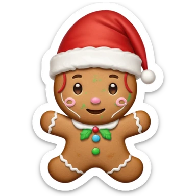 A cute gingerbread cookie with a face and a Santa hat sticker