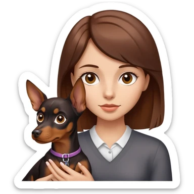 a girl with brown hair in a side part, brown eyes, holding a mini doberman pincher sticker