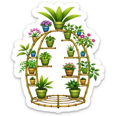 Very Large alien-futuristic multi-tier multi-level curved plant rack, which holds thirty-five plants, constructed from 7/8ths of an inch thin vining bamboo poles  sticker