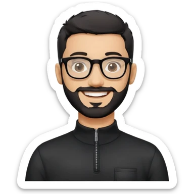 Light-skinned man with very short black hair, short salt and pepper beard, big black glasses frames, happy smile, black long sleeve zip-neck shirt sticker