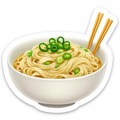Shanghai Scallion Oil Noodles with green onion topping, simplified emoji style with bold outlines and bright colors, cartoon style simple Cong You Ban Mian sticker