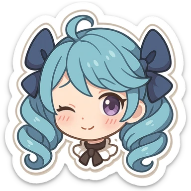 Gwen from League of Legends, shy emote, chibi style, only head, right eye purple sticker