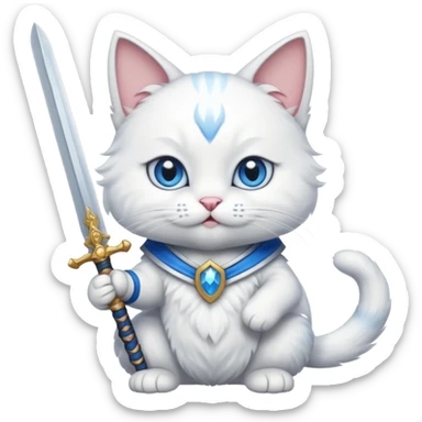 un gato blanco con una espada en cada mano y una en la boca sticker