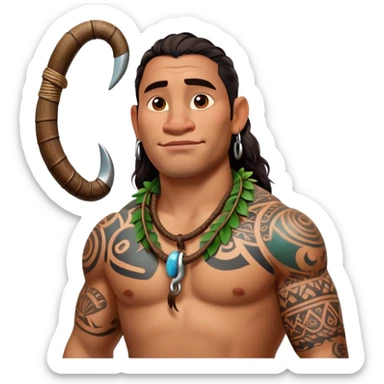 Maui character from Moana with tattoos and large fishhook sticker