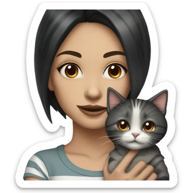 Beautiful dark haired tattooed woman holding gray and white stripe long haired cat sticker