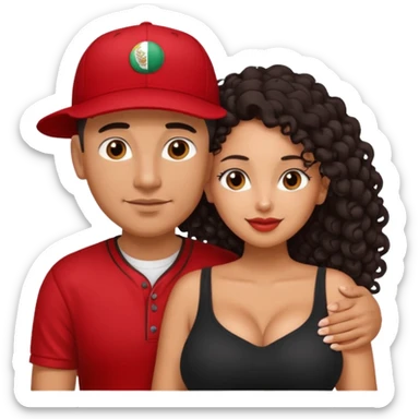 A picture of an embracing tanned couple. the man is a Mexican man with tanned skin, with a bald hair cut wearing a red baseball hat and wearing a black shirt. the woman is mixed, with glasses,  with long curly dark brown hair and with big boobs. Remove the glasses from the guy sticker