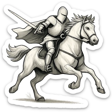a white knight on a white horse, galloping, dynamic, clean background sticker