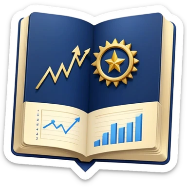 A navy blue productivity book with gold details, chart with upward trend aura, radiating productivity, strategy, and success in motion- sticker