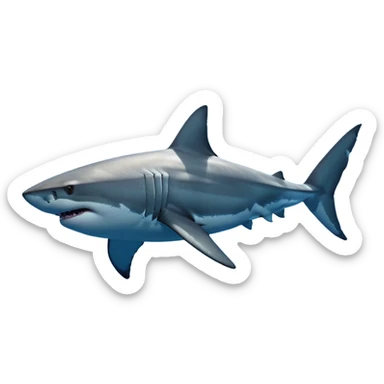 Cinematic Noble Great White Shark Portrait Emoji, Poised and regal, with a robust, torpedo-shaped body, a pointed snout, a gleaming white underbelly contrasting with a slate gray dorsal surface, and piercing, intense eyes scanning deep blue waters, Simplified yet sharp and sophisticated features, highly detailed, glowing with a cool, oceanic luminescence, high shine, intelligent and commanding, stylized with an air of marine authority, focused and vigilant, soft glowing outline, capturing the essence of a watchful and confident predator that appears ready to surge out of the screen with effortless power! sticker