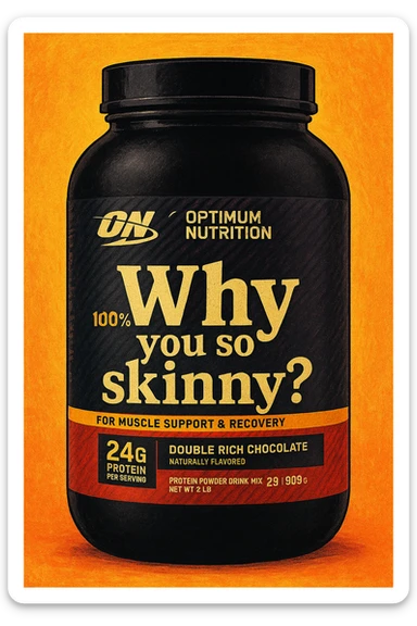Style this image of protein jar in the GPT style. Change the inscription “WHEY” to ‘Why’ and add “you so skinny?” in a smaller font. sticker