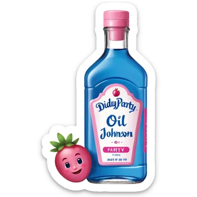 bottle of oil blue top pink outside with logo that says Diddy Party oil Johnson and Johnson  brand with a smiling berry on top sticker