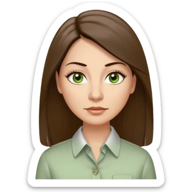 43 year old Adult woman avatar, light skin tone, long, oval face, long straight ashy brown hair, green almond-shaped eyes with dramatic eyelashes and minimal eyeliner, neutral mouth, medium straight eyebrows, average nose, smooth skin,  seersucker collared button down shirt sticker