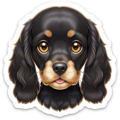 Cinematic Cute Black Cocker Spaniel Portrait Emoji, Head tilted playfully and inquisitively, featuring a glossy black coat with delicate tan accents, round, sparkling dark eyes brimming with curiosity, Simplified yet irresistibly adorable features, highly detailed, glowing with a warm, friendly glow, high shine, affectionate and lively, stylized with a touch of whimsy, bright and endearing, soft glowing outline, capturing the essence of a mischievous yet loving pup, so playful it feels like it could bound out of the screen and into your arms! sticker