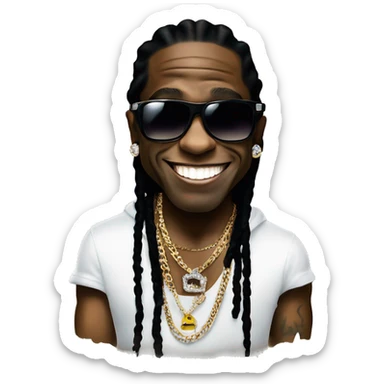 Lil Wayne:

A laid-back icon with oversized shades, layered chains, tattoos, and a diamond-studded grill, often flashing a big, expressive smile. Cool, confident, and effortlessly stylish. sticker