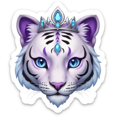 ESO Female white/black tiger khajiit leader of the umbral rose, glowing blue eyes, glowing blue 'third eye' gem; beautiful desined purple gemmed silver tiara sticker