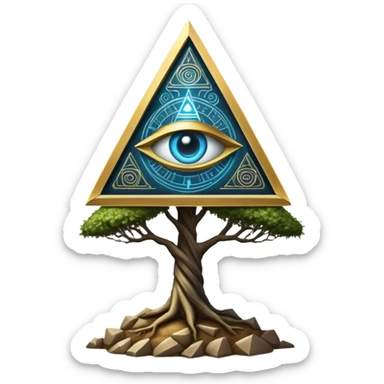 Annunaki tree from Garden of eden, that is actually a ancient tech antenna with illuminati all seeing eye in traingle symbol at the top and with little pyramids hanging like apples sticker