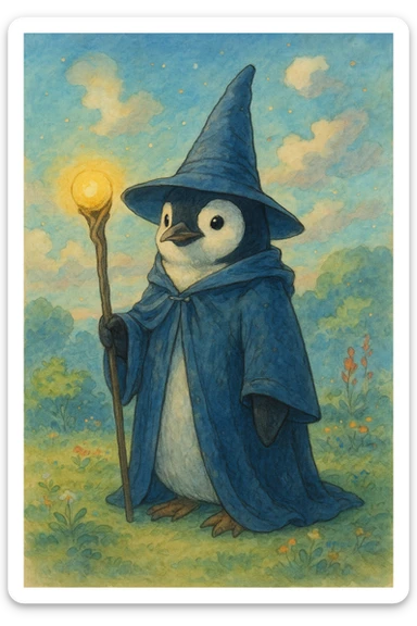 penguin wizard, detailed, beautiful ghibli style illustration sticker