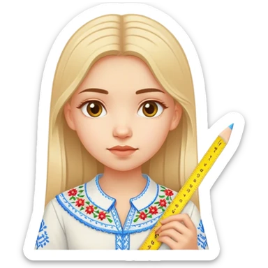 A Ukrainian girl in an embroidered shirt holds a ruler and the number “7” sticker