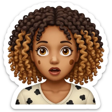 Emoji of a very shocked black female with vitiligo (alot of vitiligo patches) give her more curly hair sticker