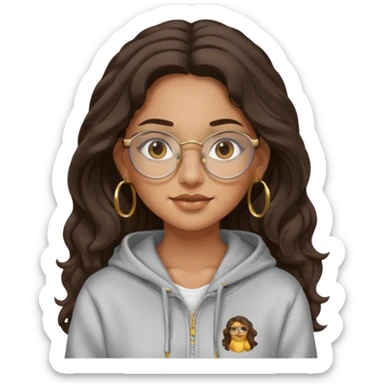 Make a girl with dark brown wavy hair and brown eyes she's tan latina and she has clear glasses and small hold hoop earings make her hair longer and her a hoodie sticker