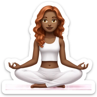 Girl with pale skin, dark brown eyes, medium length wavy copper hair wearing white shirt and light pink pants doing yoga on white yoga mat sticker