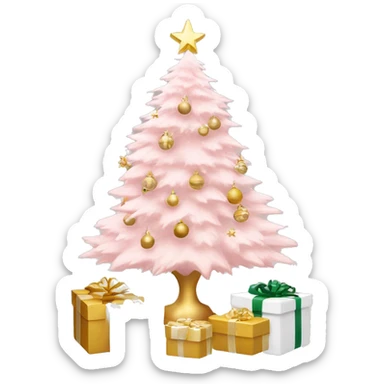 light pink christmas tree with white pot and presents underneath and star and white and gold ornaments sticker