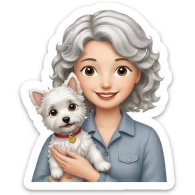 silver, short, wavy-haired with loose curls, smiling pretty lady holding a westie dog sticker