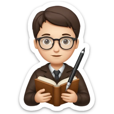 writer holding pen in hand and closed book in other hand, wearing glasses sticker