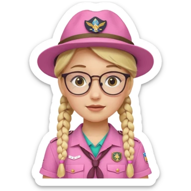 scout girl with pink scout uniform including hat, blonde braided haired and glassess sticker