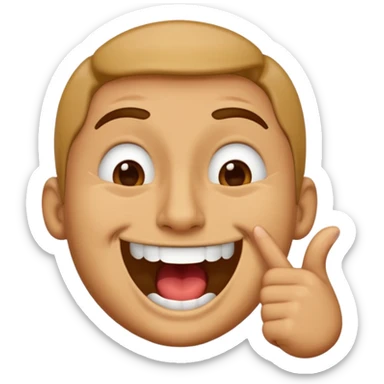 A smug-looking emoji with a wide, crooked grin and half-closed eyes, giving a cocky vibe, whilst mewing with his white hand pointing at his sharp jawline, showcasing a "sigma" look. sticker