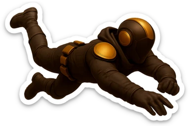 Show the armored soldier from the rear, diving to avoid something, in the same style and colors as the reference image. sticker