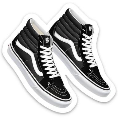 Pair of black Vans Sk8-Hi sneakers clearly arranged with one directly behind the other, high-top skate shoes with white jazz stripe, black canvas upper, white stitching, white rubber sole sticker